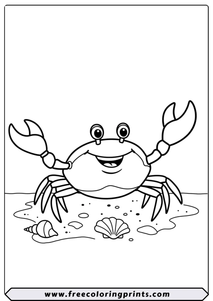 A happy cartoon crab on a sandy beach with its claws in the air. A simple and easy ocean coloring page for kids