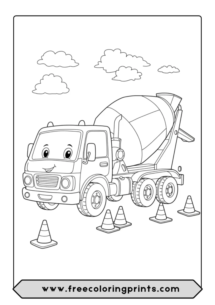 A cute and happy cartoon cement mixer truck coloring page with traffic cones