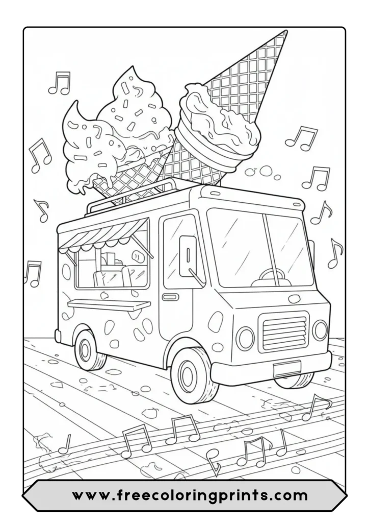 A cheerful ice cream truck coloring page with music notes and a giant ice cream cone on top