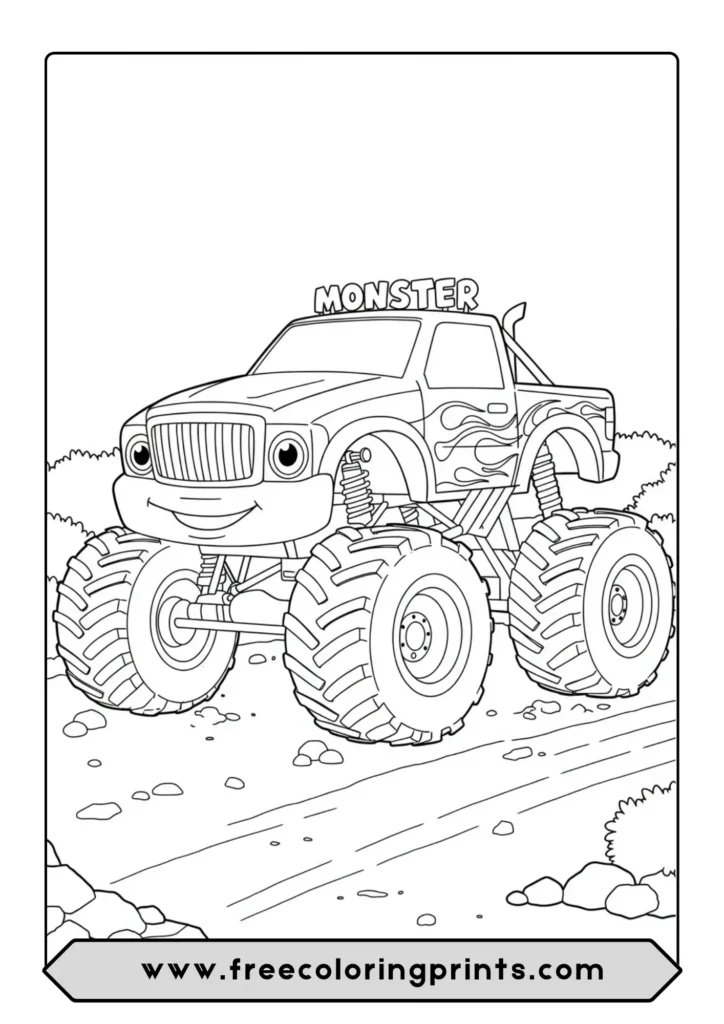 A cute and happy cartoon monster truck with a smiling face and flame decals