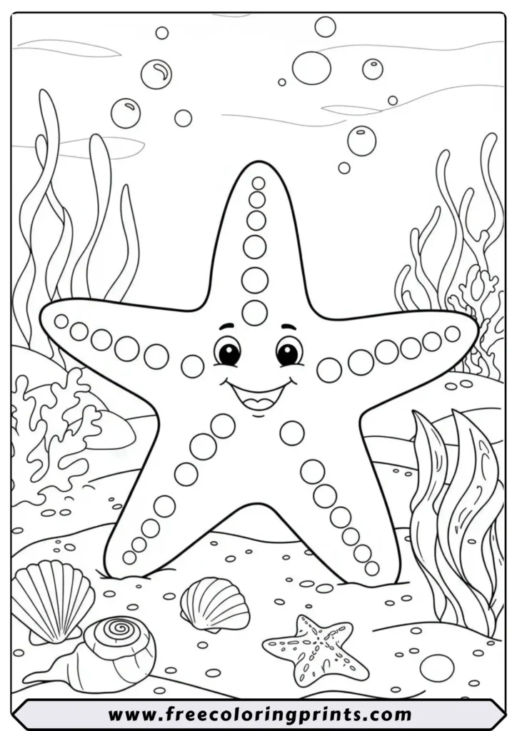 A happy cartoon starfish sitting on the sandy ocean floor with seashells around. A simple and cute sea animals coloring page