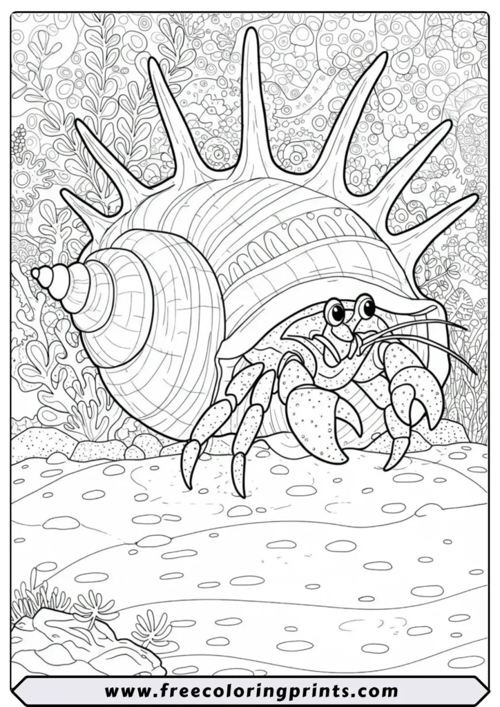 A detailed drawing of a hermit crab in its beautiful, spiky shell. An intricate sea creature coloring page
