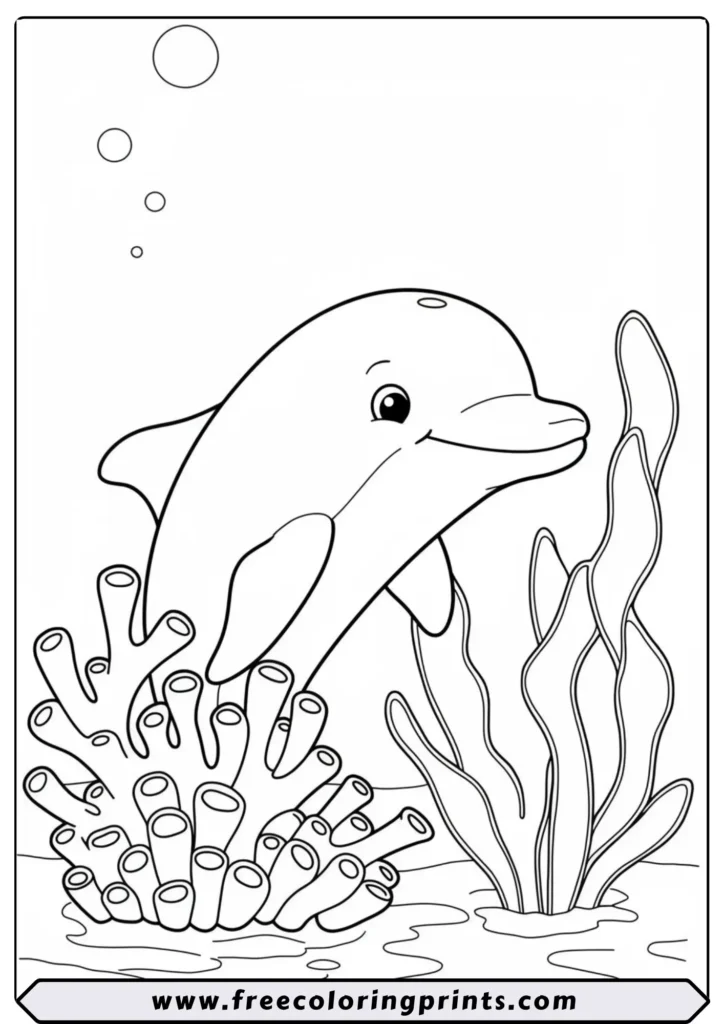 A cute dolphin playing hide-and-seek behind some coral. This is one of our many cute ocean coloring pages