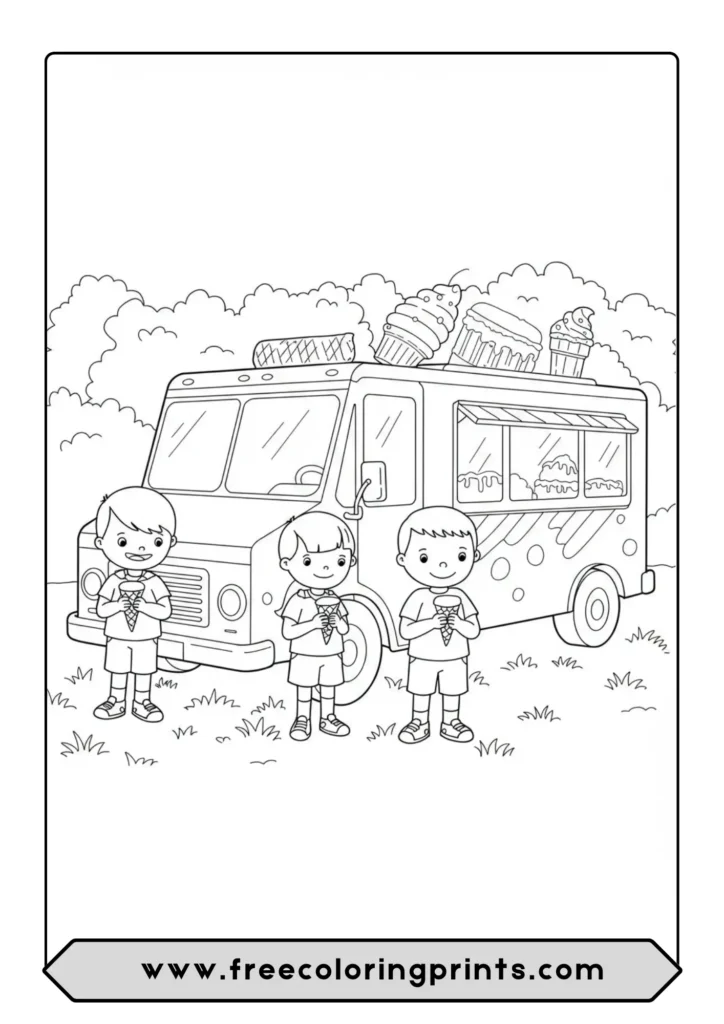 A coloring page of happy children buying treats from an ice cream truck
