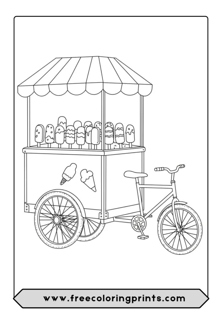 A coloring page of a vintage ice cream tricycle cart filled with popsicles