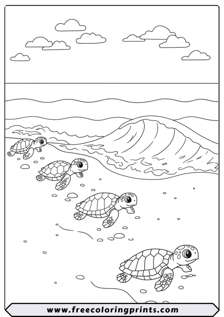 A line of small baby turtles crawling across the sand towards the ocean waves. An inspiring ocean themed coloring page