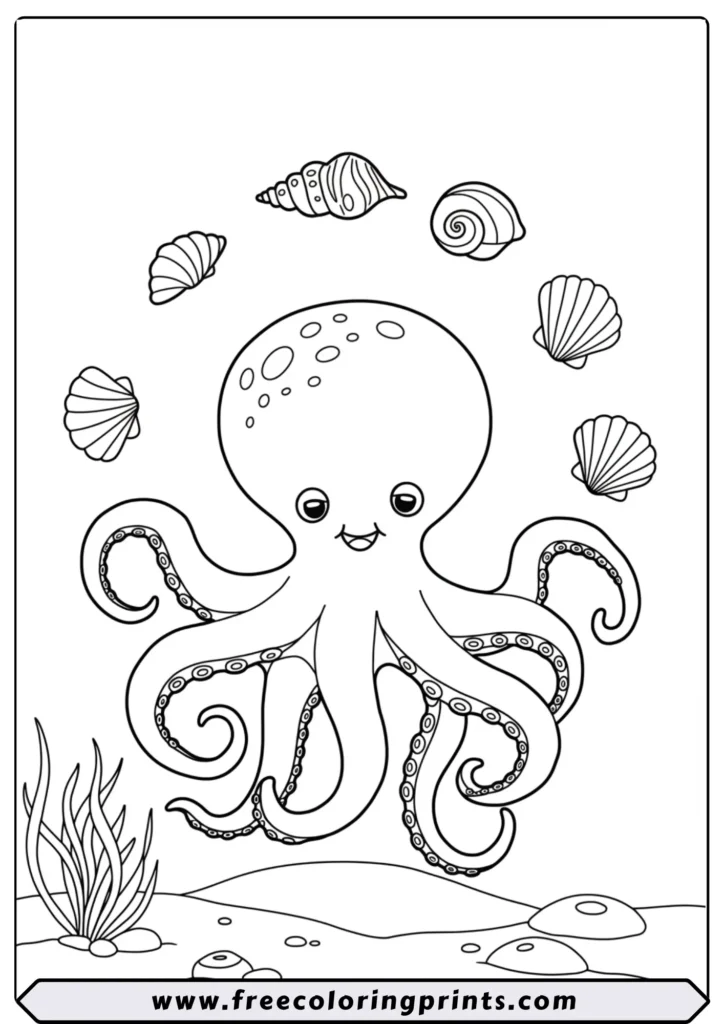 A cartoon octopus juggling several seashells with its tentacles. A fun and free printable sea animals coloring page