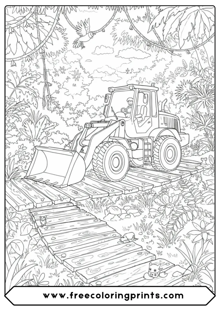 Front loader coloring page showing a wheel loader crossing a wooden bridge in a dense jungle, with a driver and animals watching