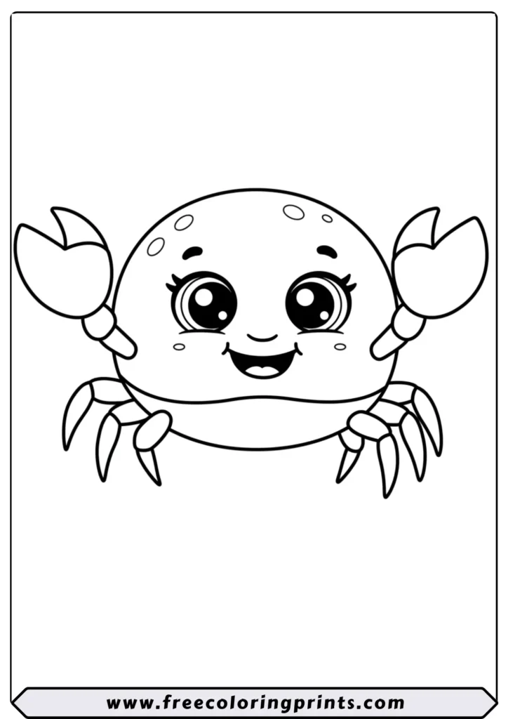 An adorable Kawaii-style baby crab with big, happy eyes. An easy and cute sea creatures coloring page for toddlers
