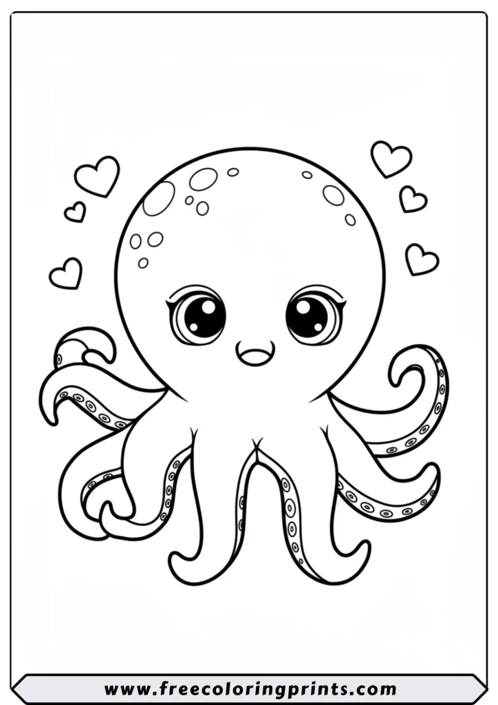A very cute Kawaii-style baby octopus with big eyes and hearts floating around. An easy under the sea coloring page for toddlers