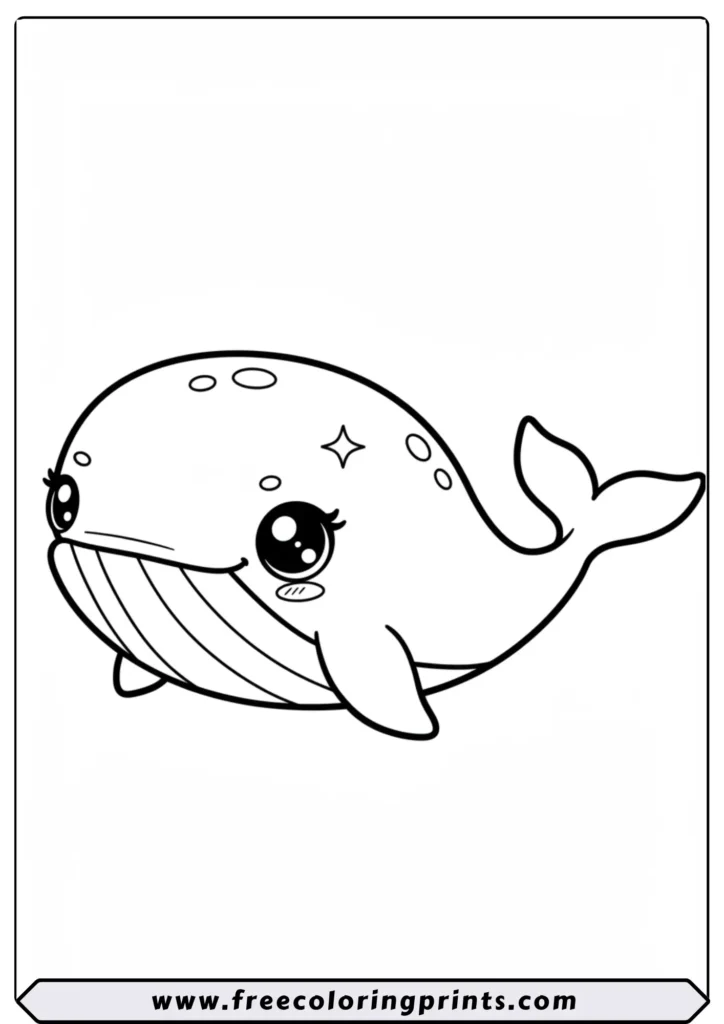 A very cute Kawaii-style blue whale with big eyes. An easy coloring page of the ocean for toddlers and preschool