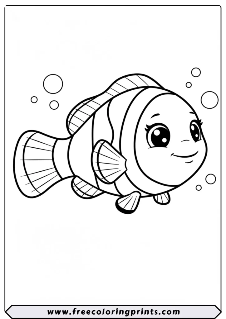A very cute Kawaii-style clownfish with big eyes and bubbles. An easy ocean coloring page for toddlers