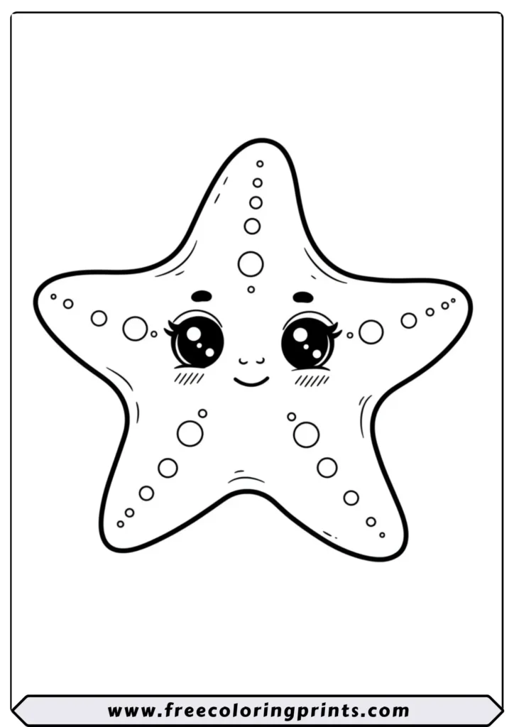 An adorable Kawaii-style starfish with big, sparkling eyes. A perfect and easy sea creature coloring page for toddlers