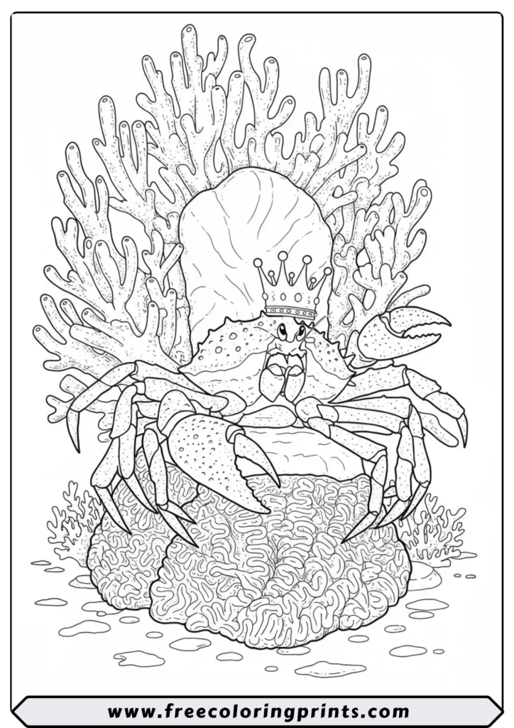 A detailed drawing of a majestic king crab sitting on a coral throne. A fantastic marine life coloring page for adults