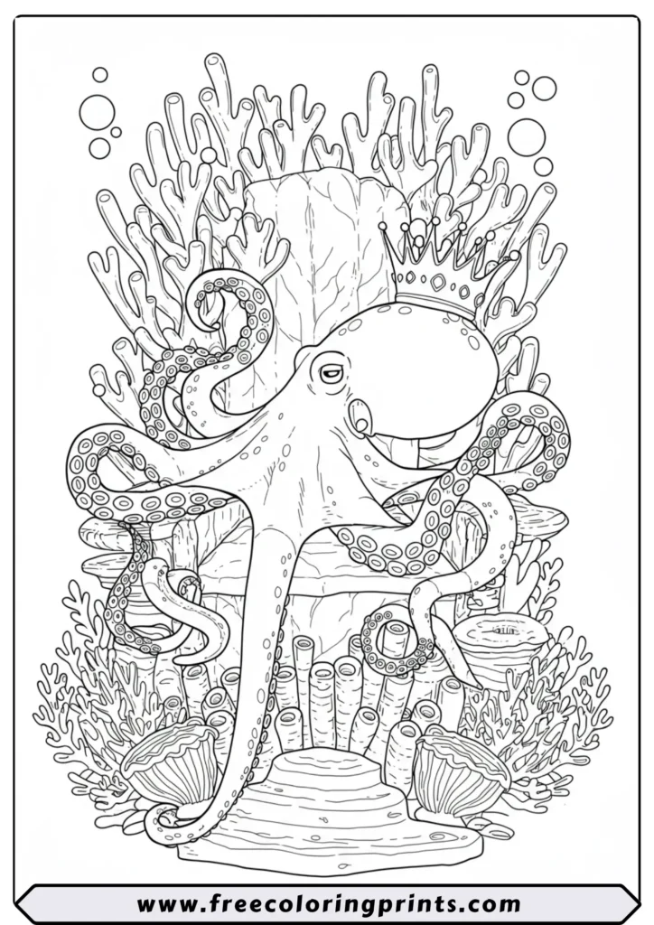 A majestic octopus wearing a crown and sitting on a coral throne. A detailed marine life coloring page