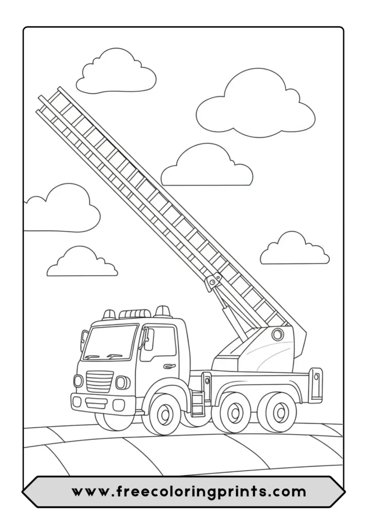 A simple coloring page of a fire ladder truck with its ladder extended high into the clouds