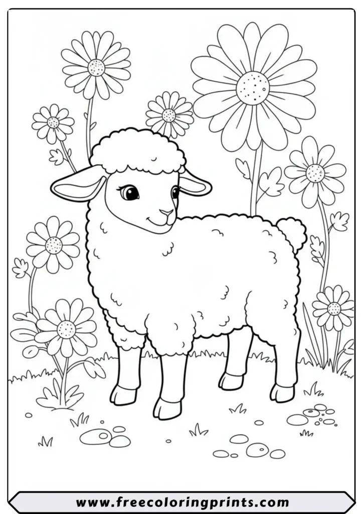 Lamb Playing in the Flowers - coloring pages