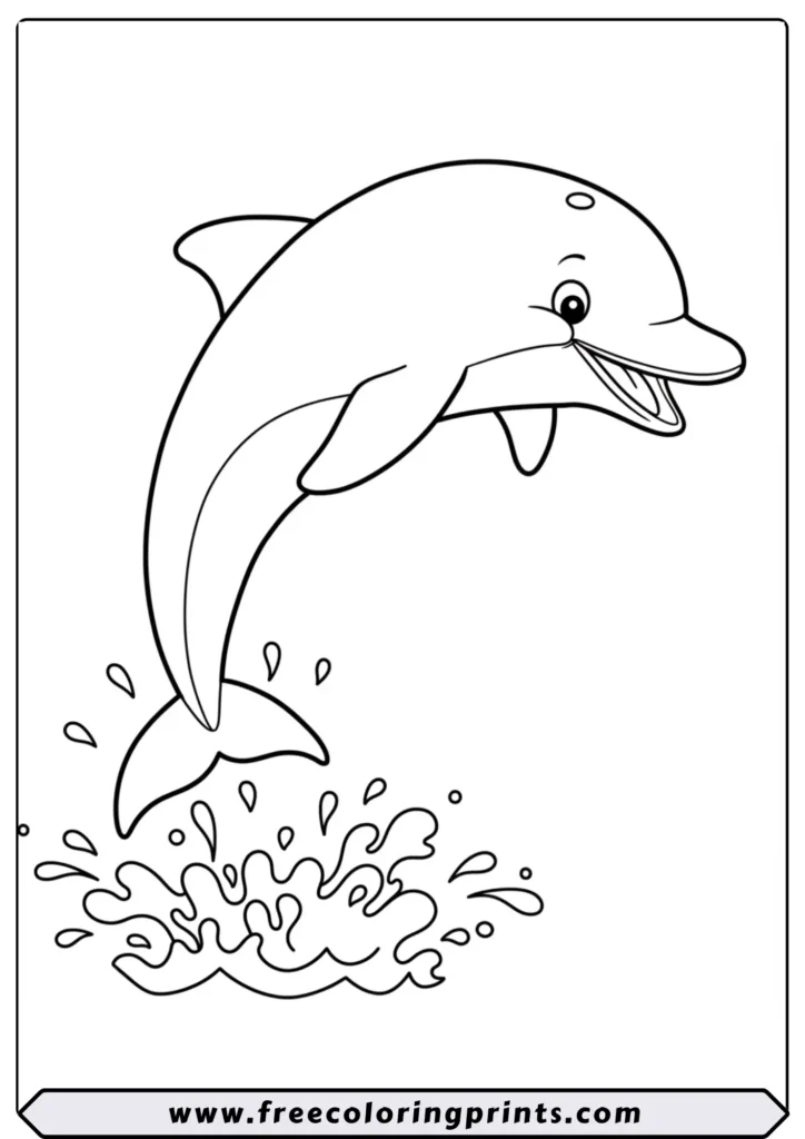 Line drawing of a joyful dolphin leaping high out of the water with a splash. A dynamic and free printable ocean coloring page
