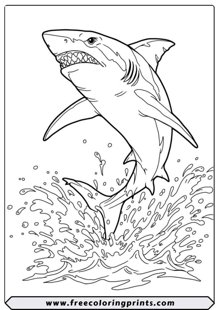 A realistic great white shark leaping dramatically out of the water. A powerful sea life coloring page