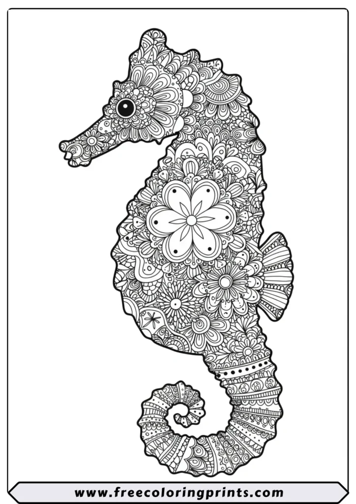 A beautiful side-view of a seahorse, with its entire body filled with intricate mandala patterns. A detailed marine life coloring page for adults