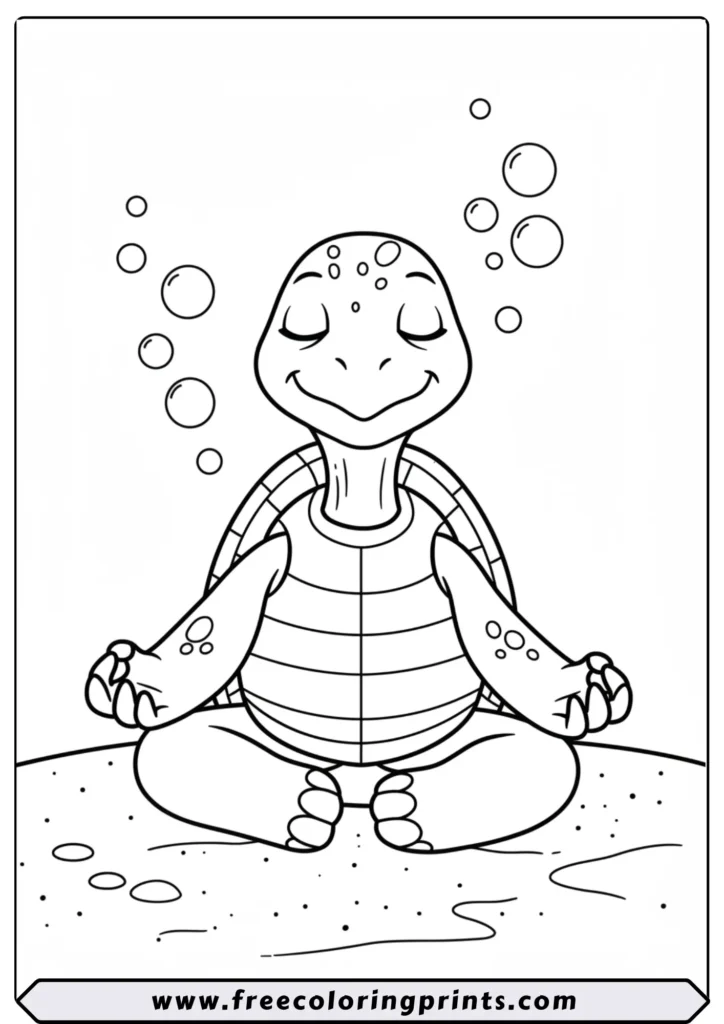 A funny cartoon turtle meditating in a zen yoga pose on the ocean floor. A unique and relaxing sea animals coloring page