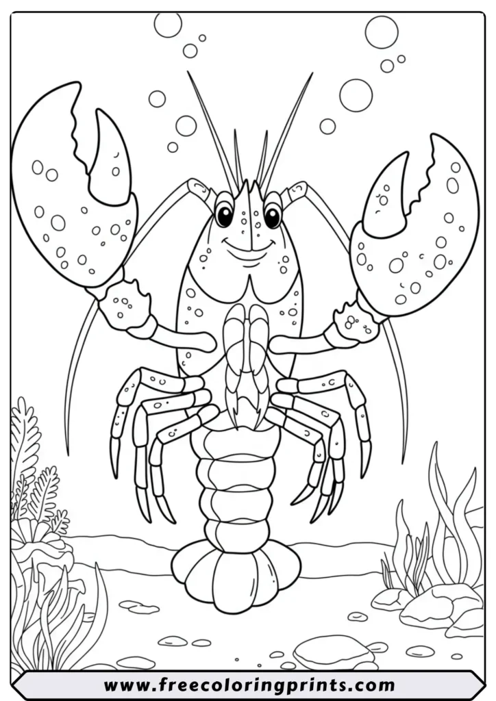 Line art of a proud cartoon lobster standing on the ocean floor and showing its large claws. A fun sea animals coloring page