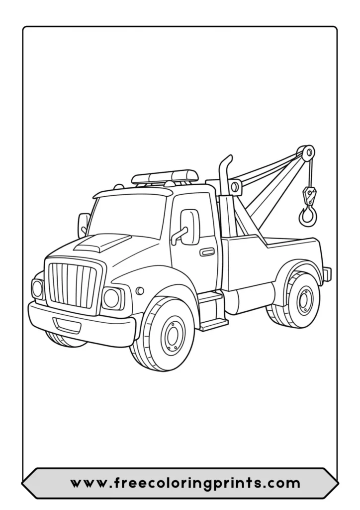 A coloring page of a sturdy and powerful tow truck with a large hook