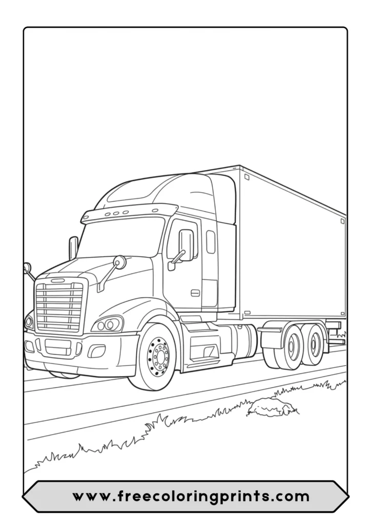 Line art of a modern aerodynamic big rig truck with a long trailer.