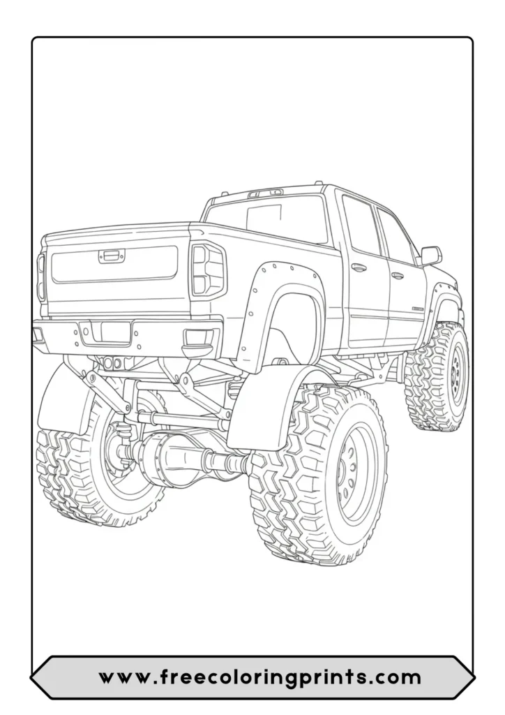 A detailed coloring page showing the rear view of a modern dually pickup truck
