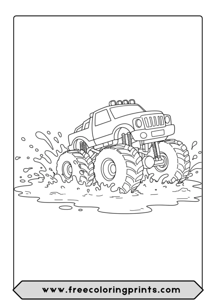 A monster truck coloring page showing the truck making a big splash in the mud