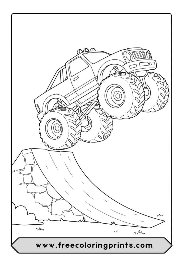 A coloring page of a monster truck flying through the air after hitting a ramp