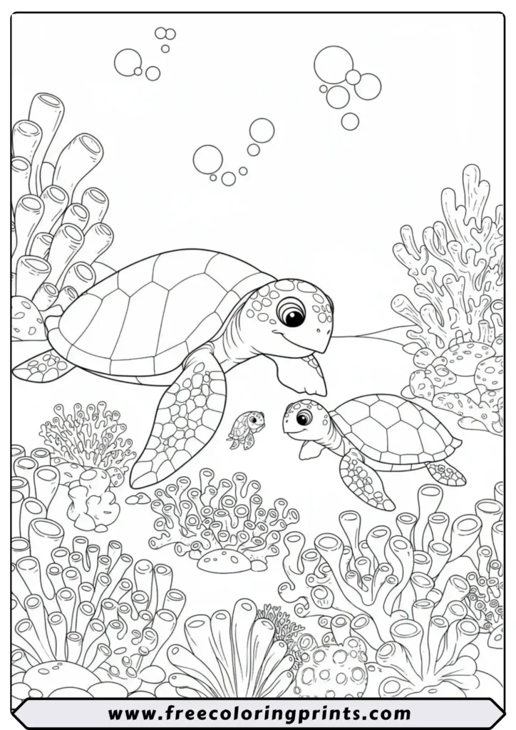 A large mother sea turtle swimming with her small baby turtle in a coral reef. One of our many cute sea creatures coloring pages