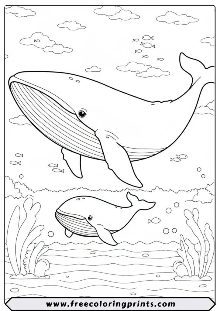 A large mother whale swimming protectively next to her small baby whale calf. One of our many sea animals coloring pages