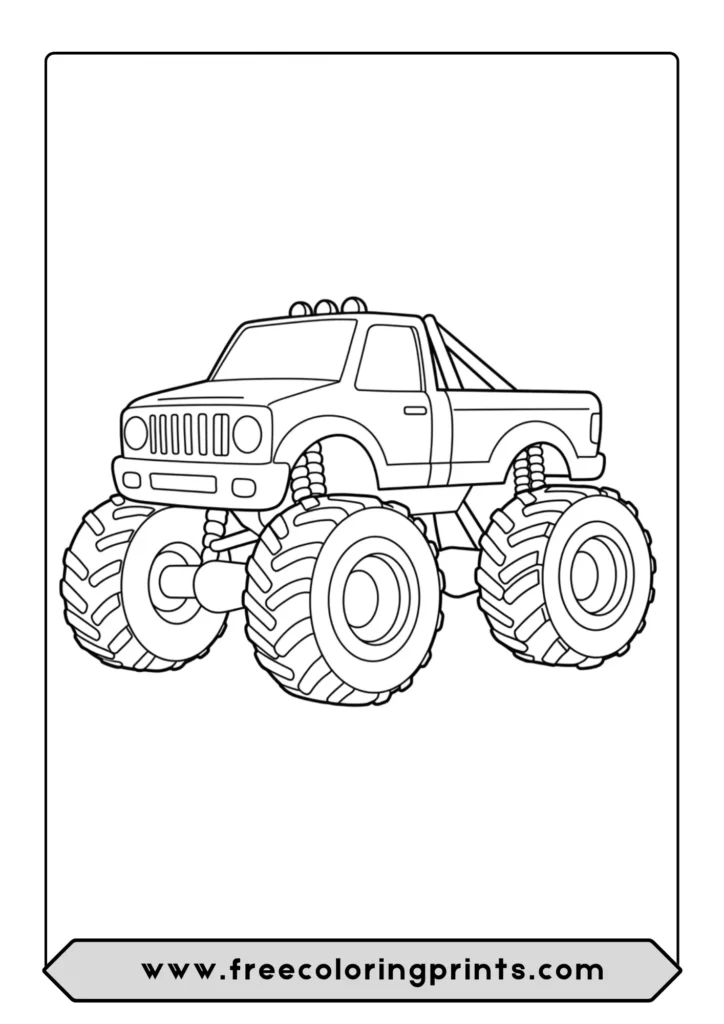 An ultra-simple monster truck coloring page with very thick lines for toddlers