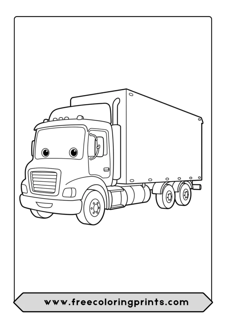 A simple cartoon semi truck coloring page with a smiley face, designed for toddlers.