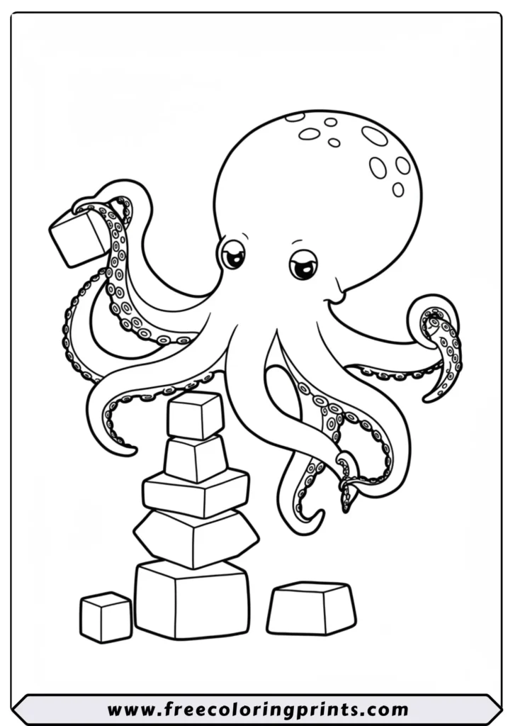 An intelligent octopus using its tentacles to build a tower with blocks. An easy sea animals coloring page for kids