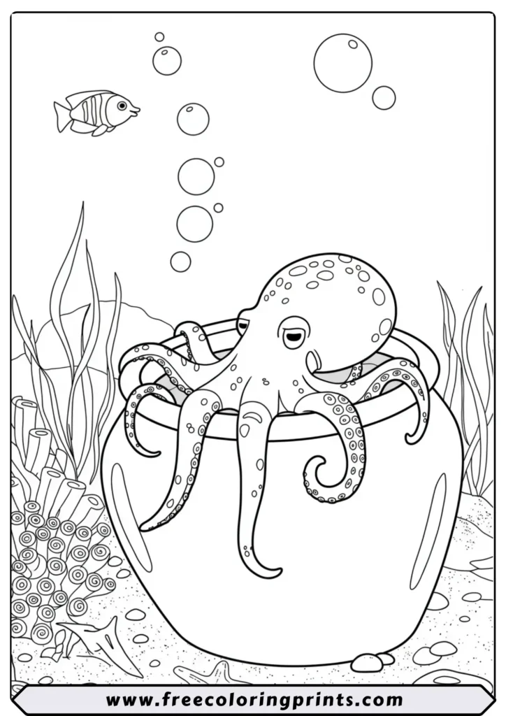 Line art of a small octopus hiding inside a sunken glass jar on the ocean floor. A fun underwater coloring page