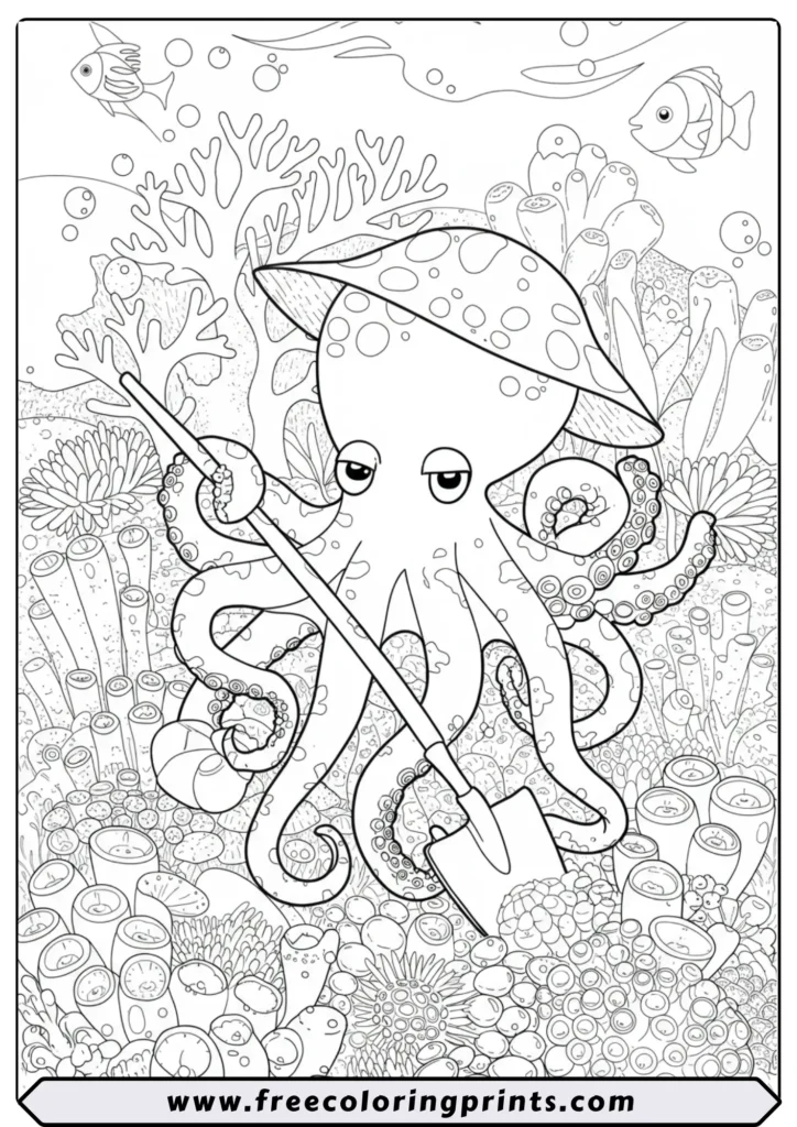 A detailed drawing of an octopus with a hat, tending to a coral garden with a shovel. An intricate marine life coloring page for adults