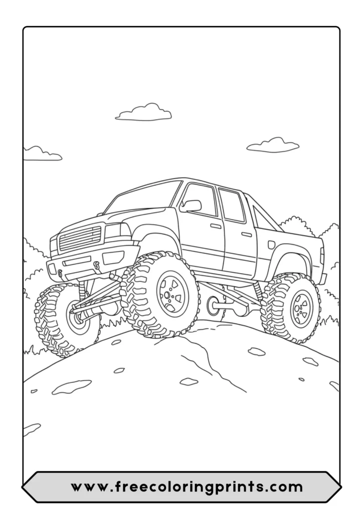 A rugged off-road truck climbing a rocky hill in this coloring page
