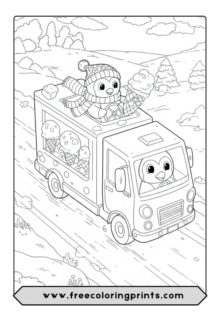 A cute coloring page of penguins driving an ice cream truck in a winter scene