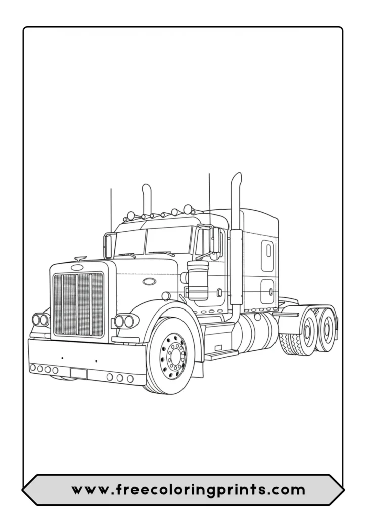 A detailed coloring page of a classic Peterbilt-style American semi truck with tall exhaust pipes.