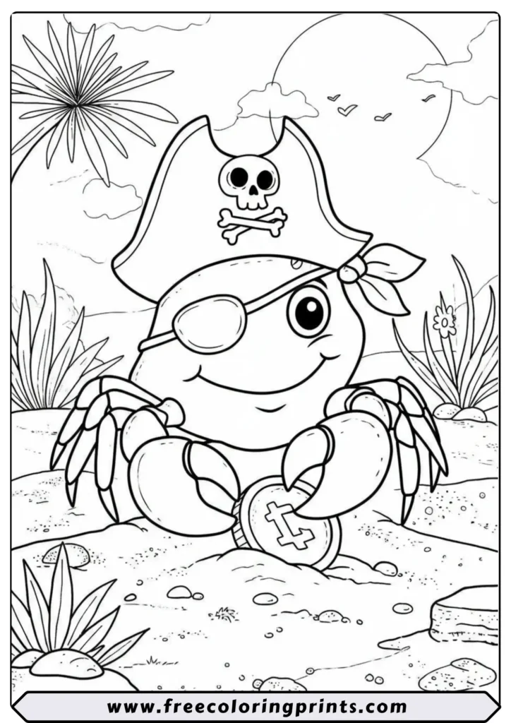 A cute cartoon pirate crab with an eyepatch, holding a treasure coin on a beach. A creative ocean theme coloring page