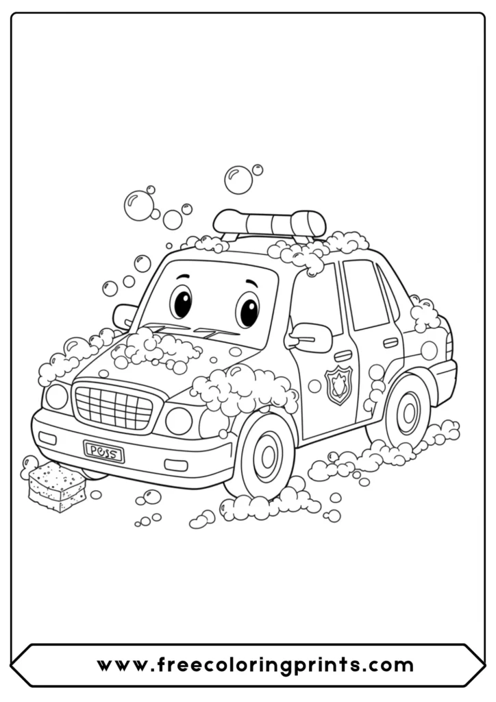 A coloring page of a police car getting a car wash.