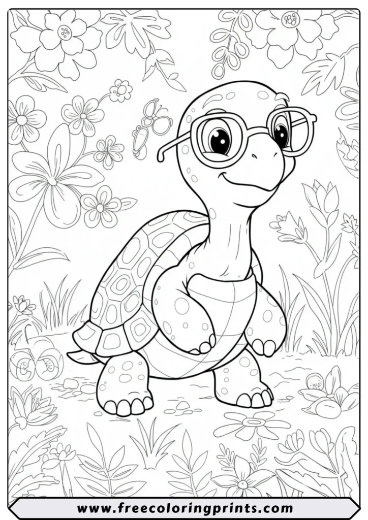 A funny cartoon turtle wearing large glasses, standing in a field of flowers. A unique sea animals coloring page