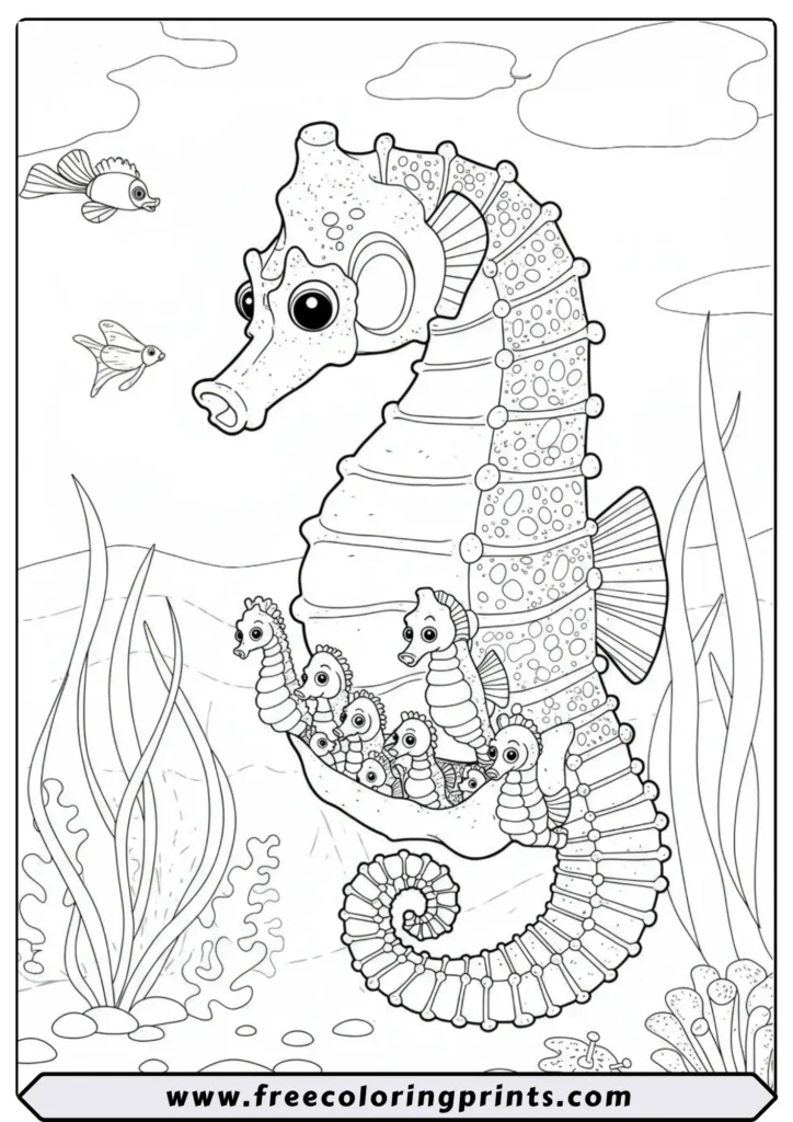 Line art of a father seahorse with tiny baby seahorses in his pouch. A heartwarming and educational ocean life coloring page