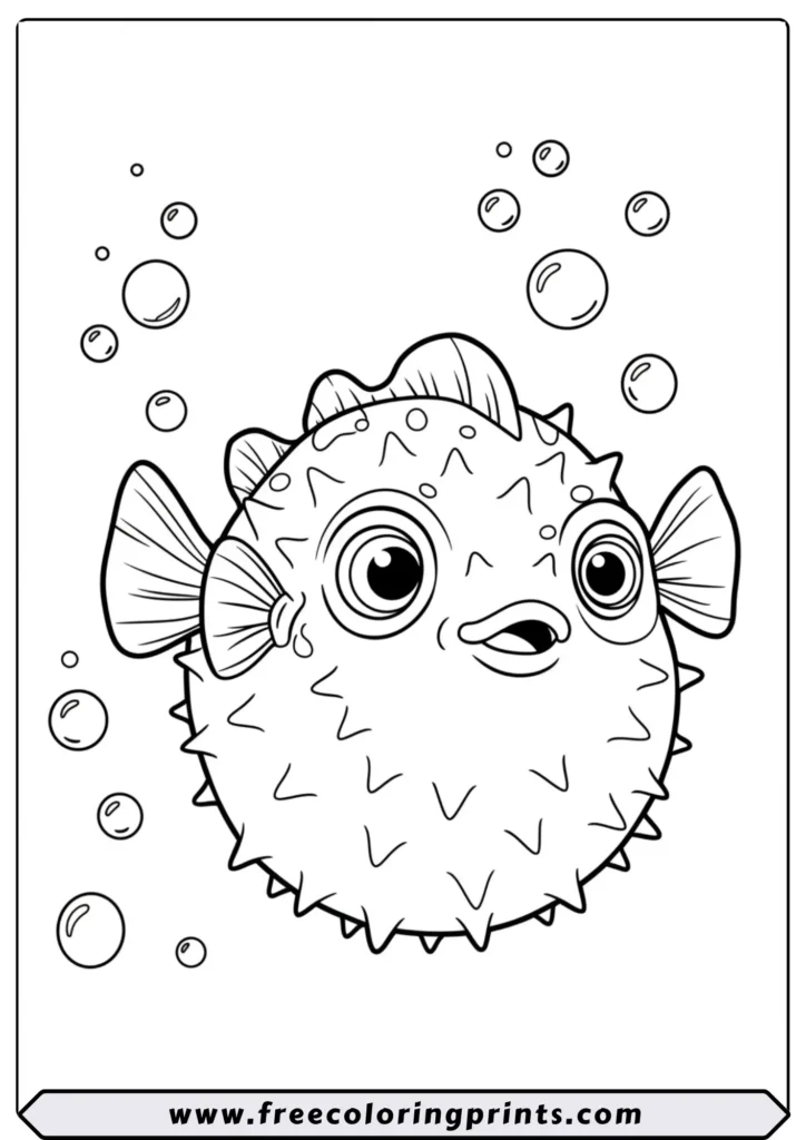 A funny cartoon pufferfish that is all puffed up with a surprised expression. A silly sea life coloring page