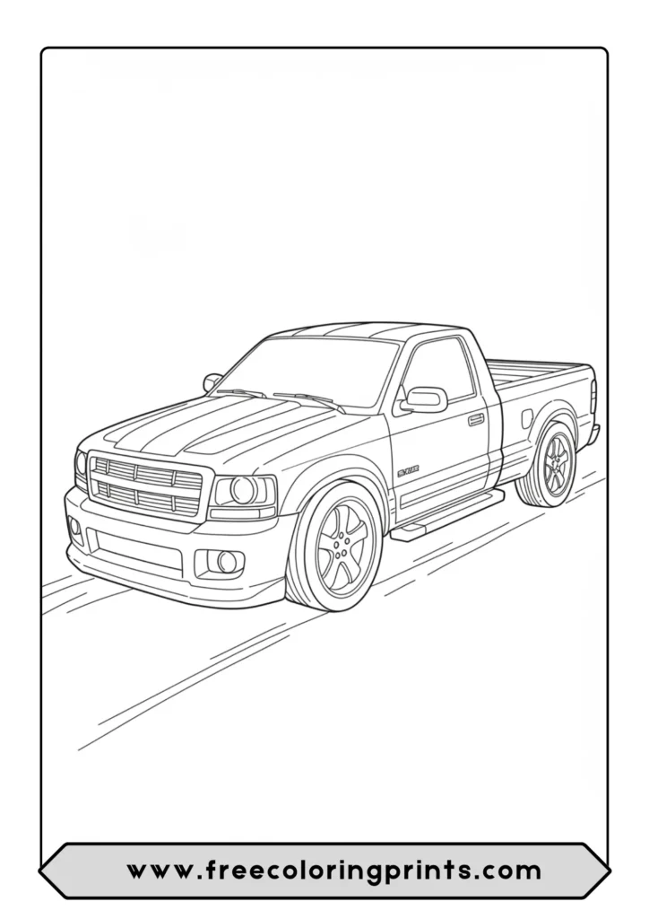 Line art of a sporty racing pickup truck with a wide body kit