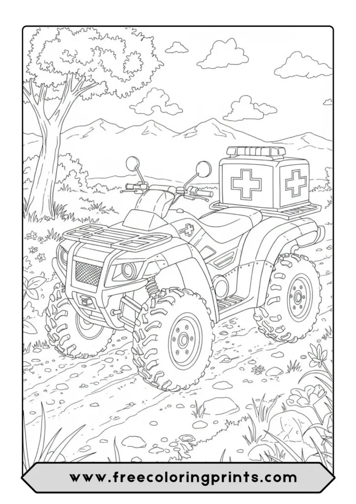 A detailed coloring page of a rescue ATV vehicle on a rugged wilderness trail