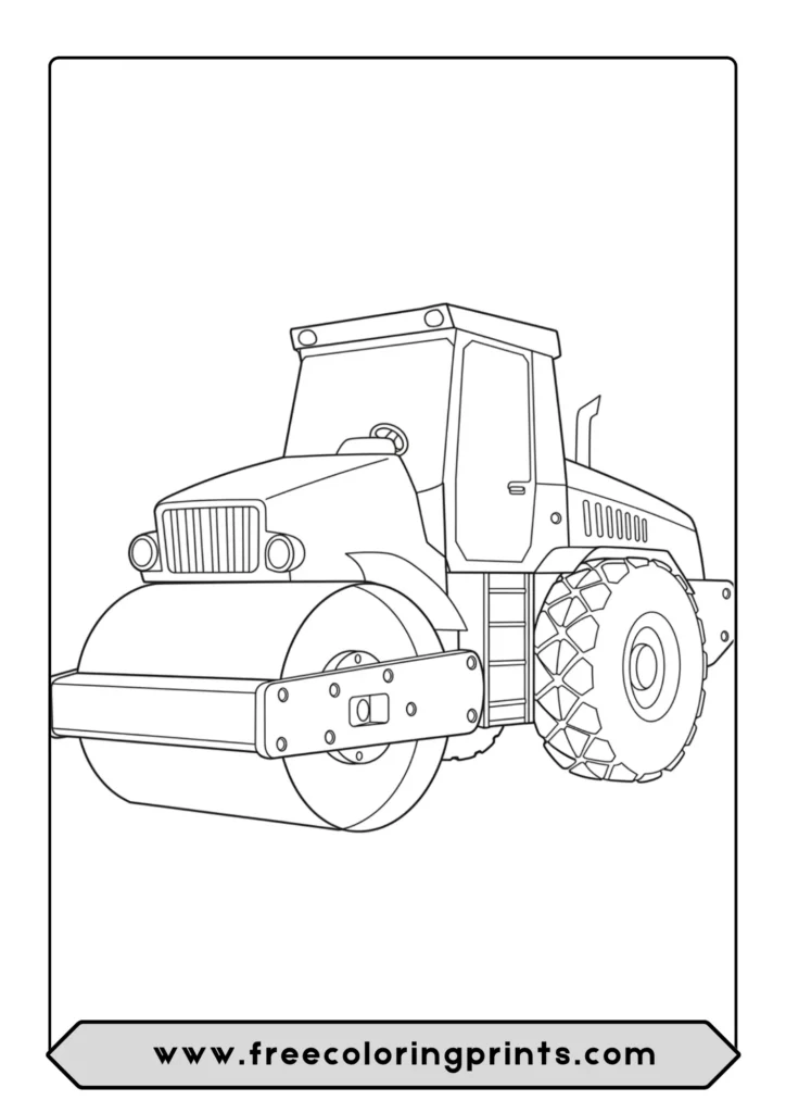 A coloring page of a heavy road roller machine flattening a new road