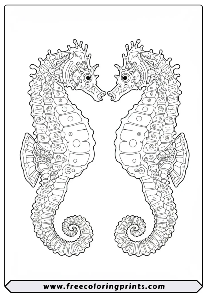 Two detailed seahorses touching noses to form a heart shape. A romantic ocean coloring page for adults